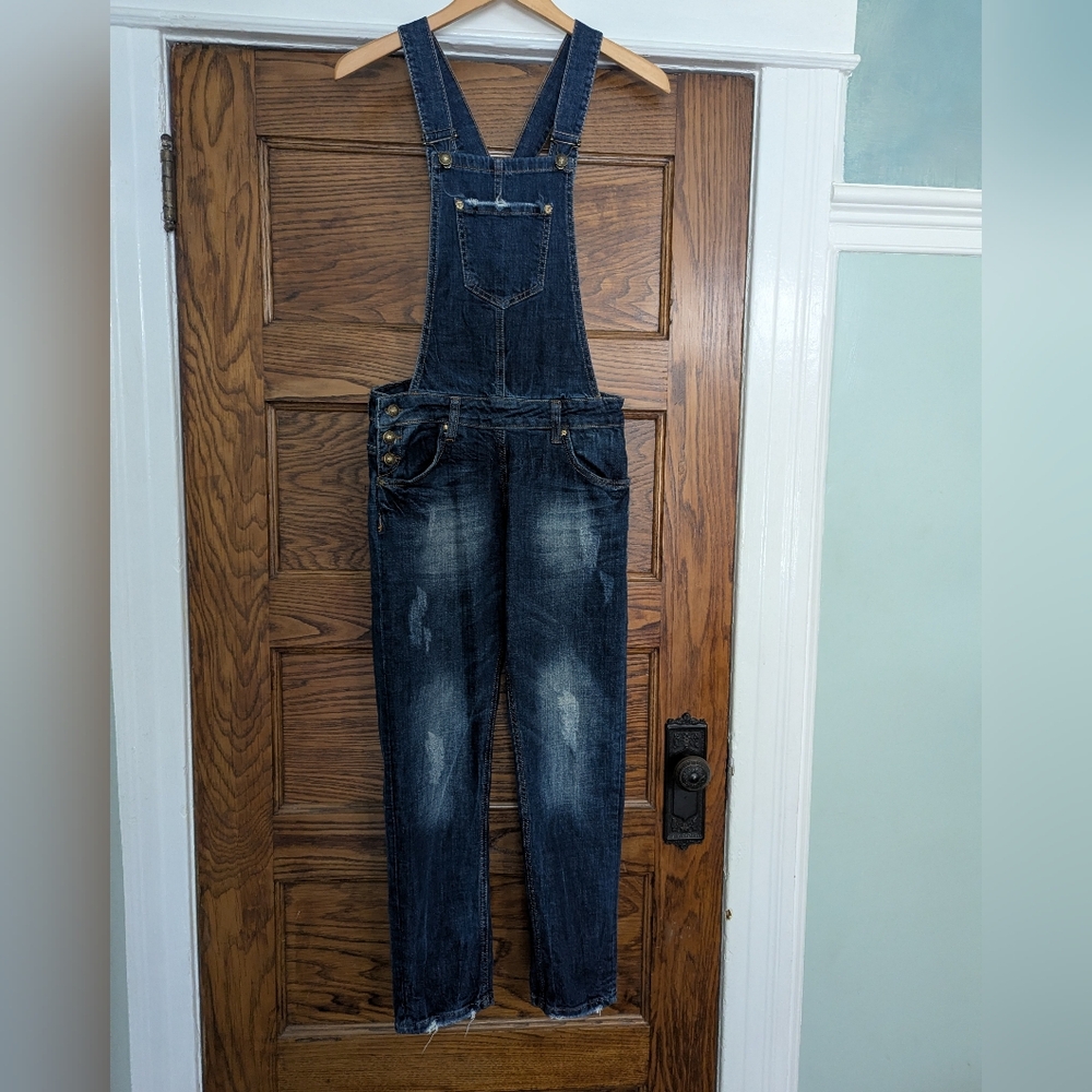 Philipp Plein Illegal Fight Club Distressed Blue Denim Overalls, Size 28